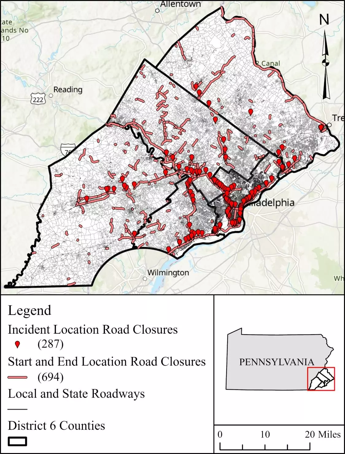 An image showing a map of Philadelphia and surrounding counties indicating road closures due to flooding in red.